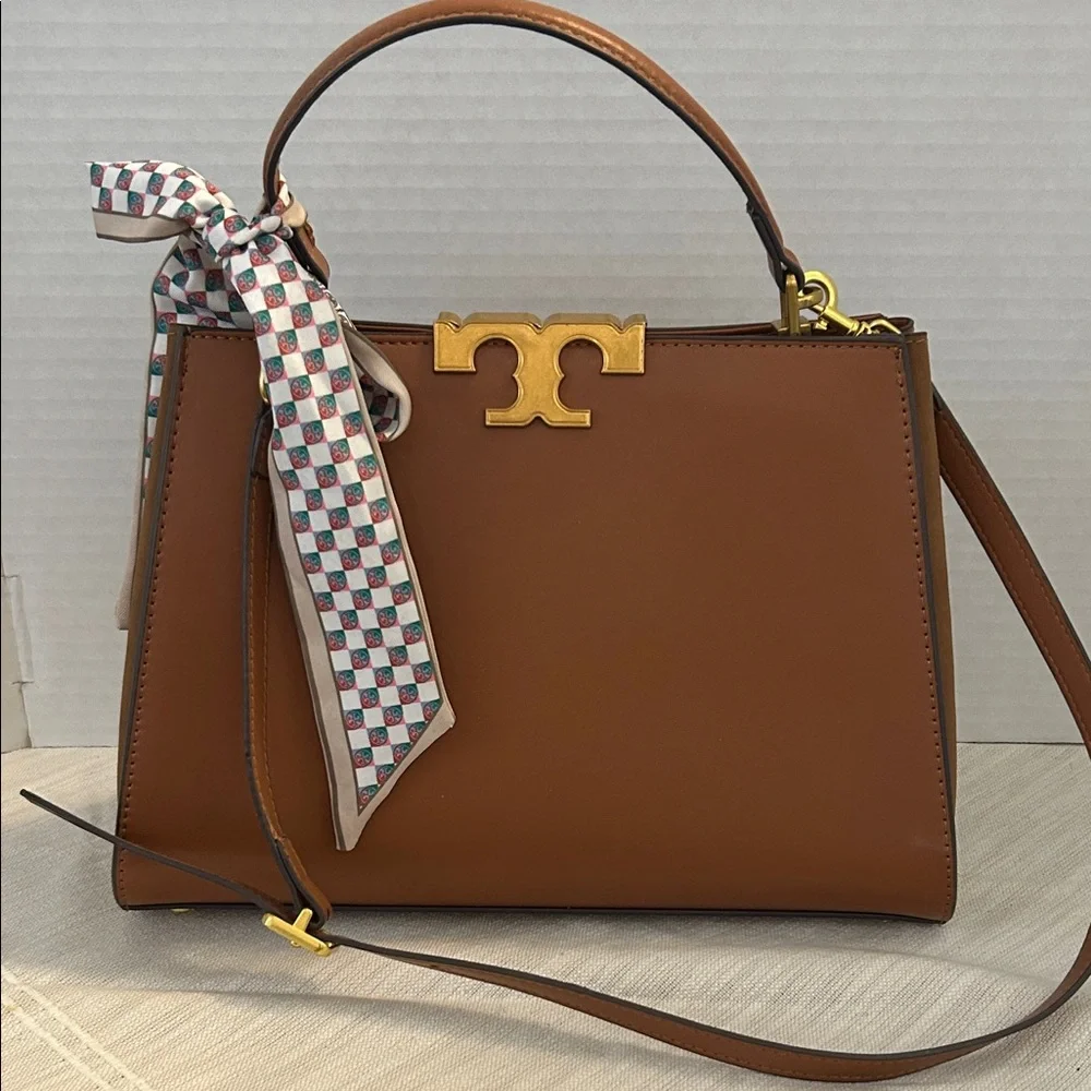 Tory Burch $700 Tan Eleanor Spazoletto Satchel with Gold Logo and Ribbon